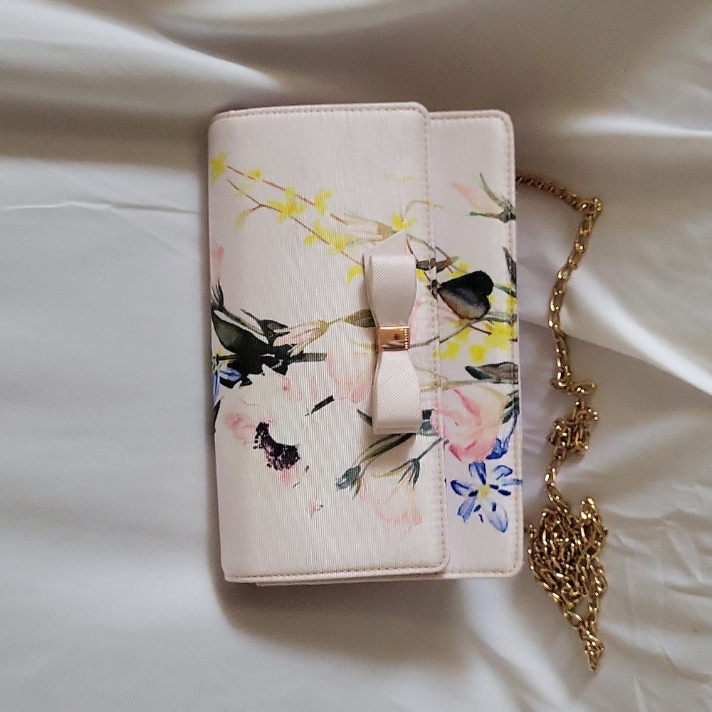 Ted Baker Bow Clutch London Hania Crossbody Floral Gold Strap New